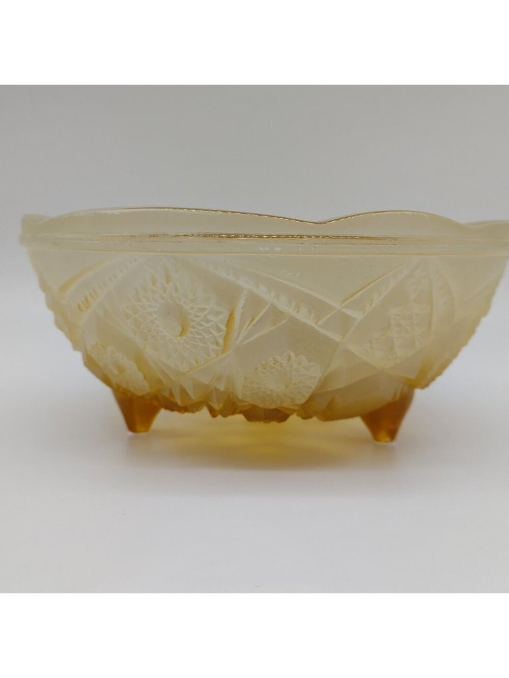 Amber Depression Glass Footed Bowl With Intricate Geometric & Floral Pattern